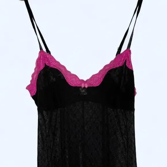 Y2K Candie’s Sheer Black Lace Slip Dress Sz L Pink Trim Lingerie Nightie - Picture 2 of 7